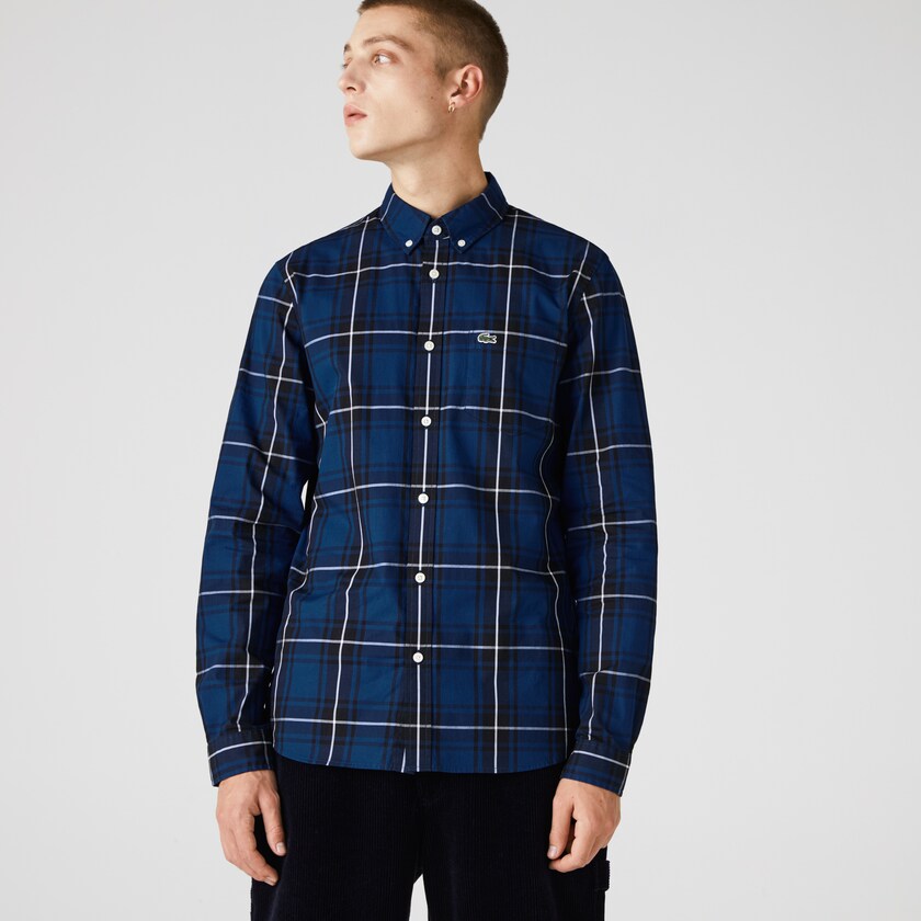 Men's Lacoste Blue / Black / White Shirts Checked Slim Fit Stretch Cotton Poplin FH7-99859B6