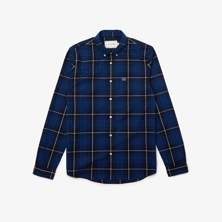 Men's Lacoste Blue / Black / White Shirts Checked Slim Fit Stretch Cotton Poplin FH7-99859B6