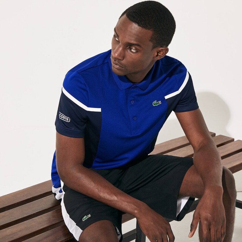 Men's Lacoste Blue / Black / White Shirts SPORT Mesh Panel Breathable Tennis Polo BC6-01740U3