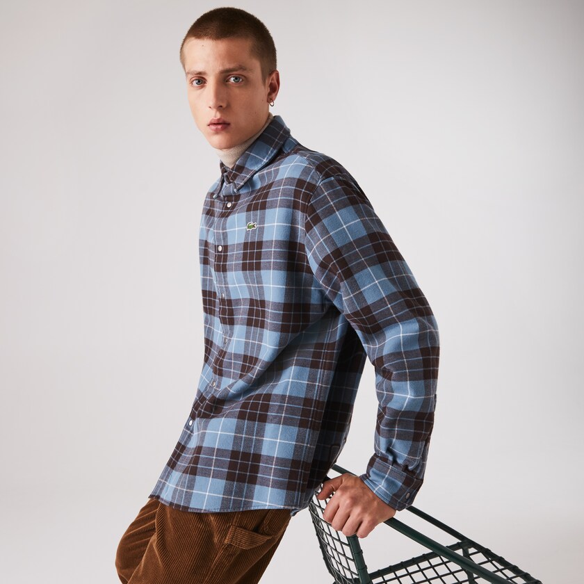 Men's Lacoste Blue / Brown Shirts LIVE Checked Flannel Lined Oversized CT2-63376E1