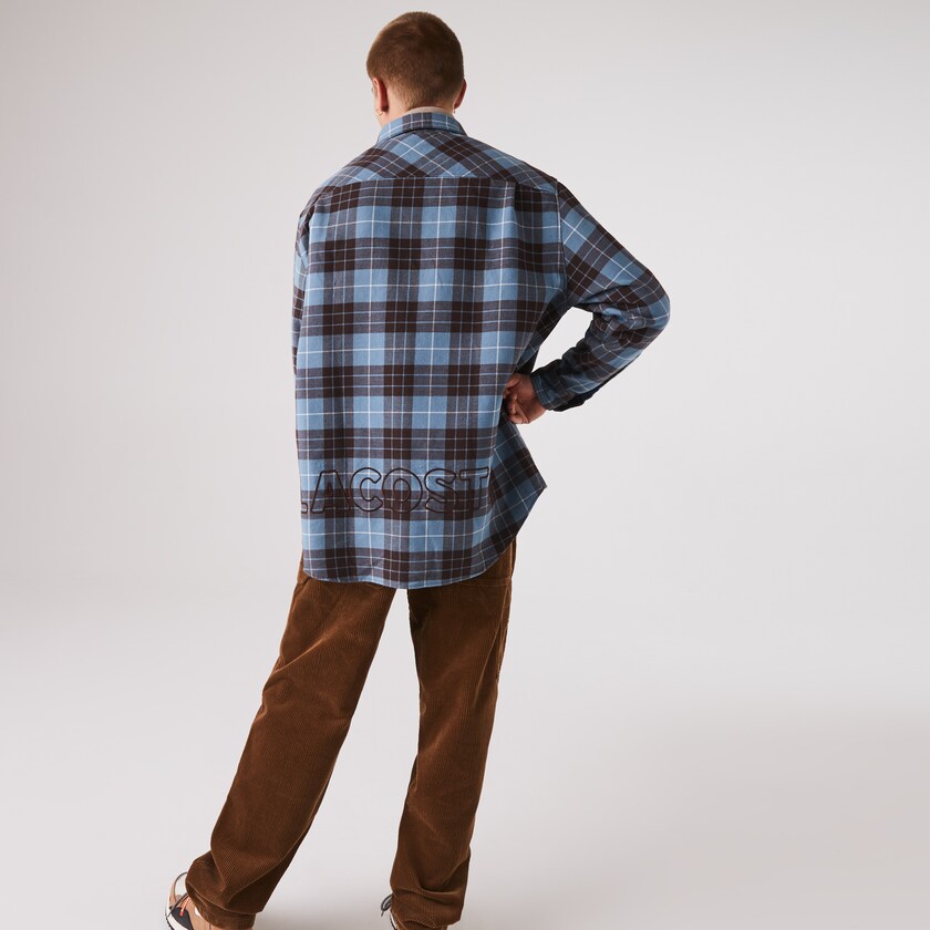 Men's Lacoste Blue / Brown Shirts LIVE Checked Flannel Lined Oversized CT2-63376E1