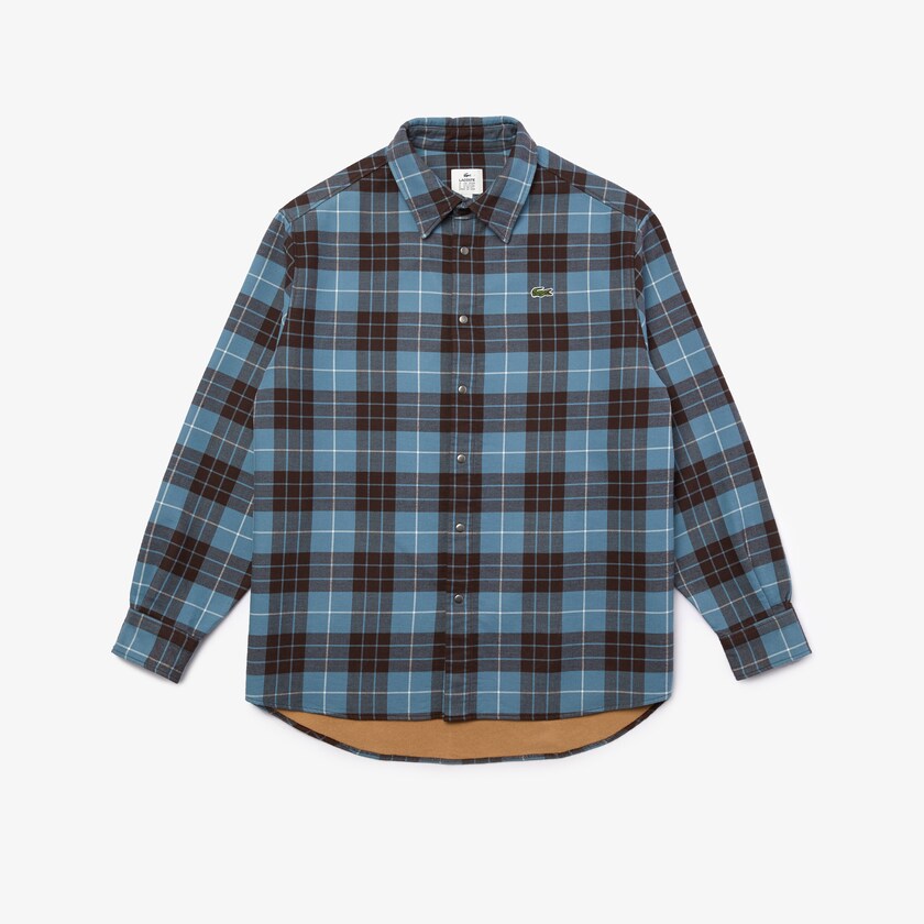 Men's Lacoste Blue / Brown Shirts LIVE Checked Flannel Lined Oversized CT2-63376E1