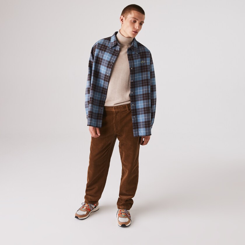 Men's Lacoste Blue / Brown Shirts LIVE Checked Flannel Lined Oversized CT2-63376E1