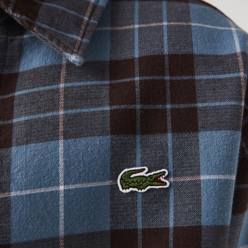 Men's Lacoste Blue / Brown Shirts LIVE Checked Flannel Lined Oversized CT2-63376E1