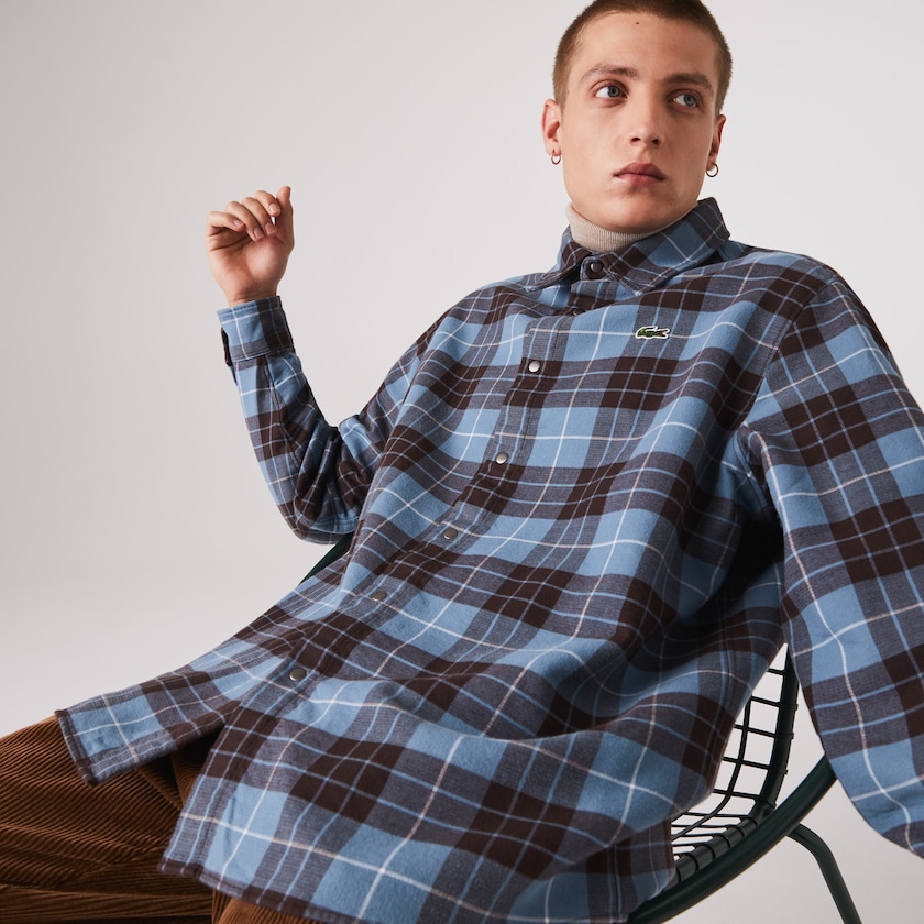 Men's Lacoste Blue / Brown Shirts LIVE Checked Flannel Lined Oversized CT2-63376E1