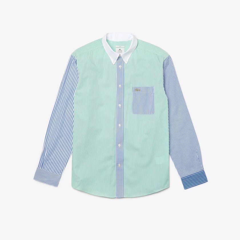 Men's Lacoste Blue / Green / White Shirts LIVE Relaxed Fit Striped Cotton AB3-03300S6