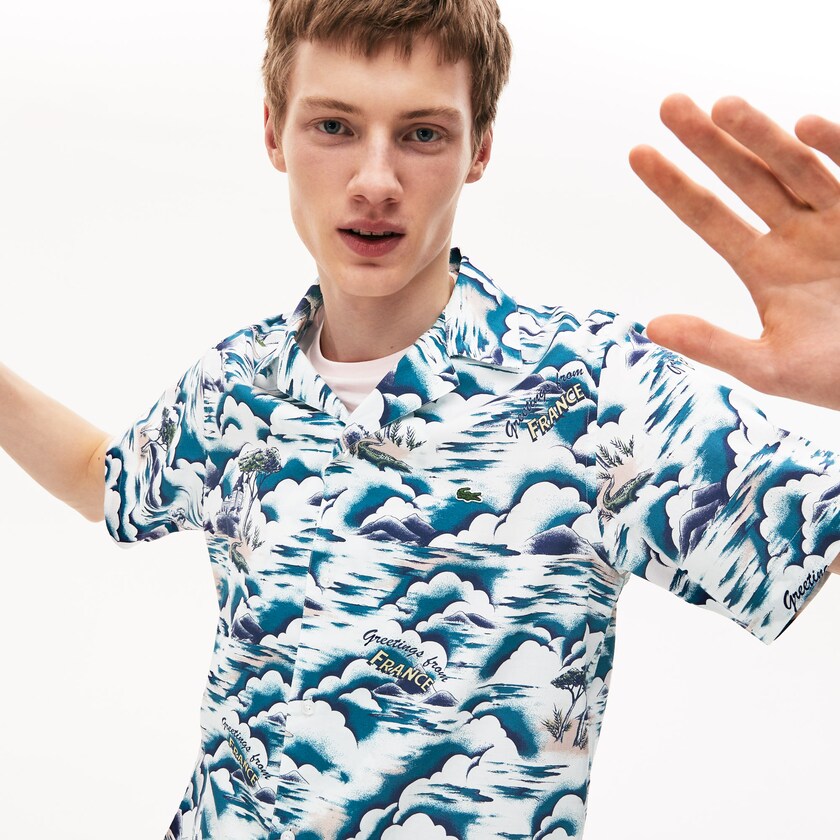 Men's Lacoste Blue / Light Pink / White Shirts Southern France Print Cotton Hawaiian Fit OQ5-81418F3