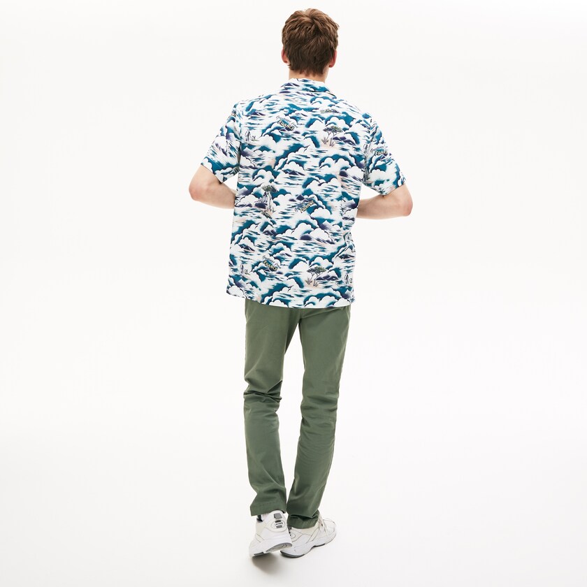 Men's Lacoste Blue / Light Pink / White Shirts Southern France Print Cotton Hawaiian Fit OQ5-81418F3