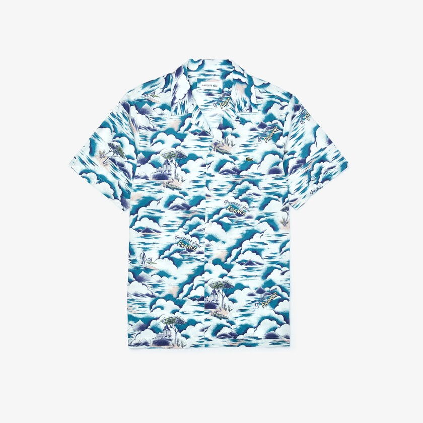 Men's Lacoste Blue / Light Pink / White Shirts Southern France Print Cotton Hawaiian Fit OQ5-81418F3