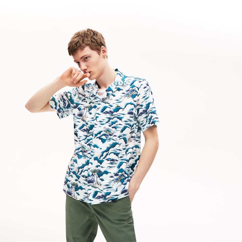 Men's Lacoste Blue / Light Pink / White Shirts Southern France Print Cotton Hawaiian Fit OQ5-81418F3