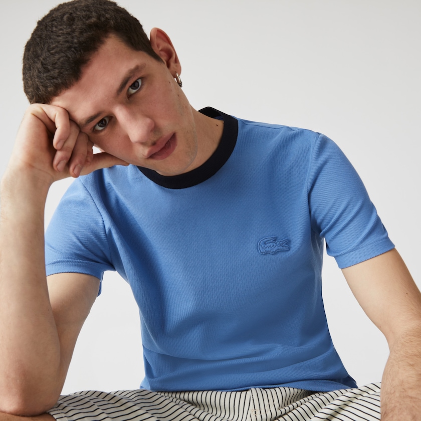 Men's Lacoste Blue / Navy Blue T Shirts Crewneck Relaxed Fit Textured Cotton SF4-39523V0