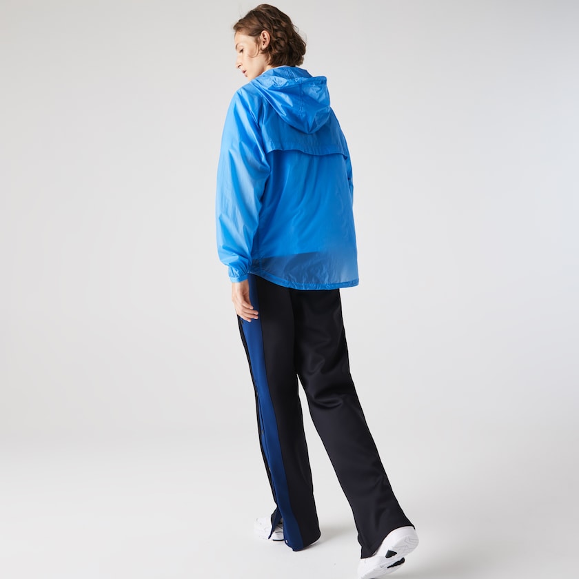 Women's Lacoste Blue / Navy Blue Windbreaker Zippered Lightweight Transparent Hooded TJ5-87988D4