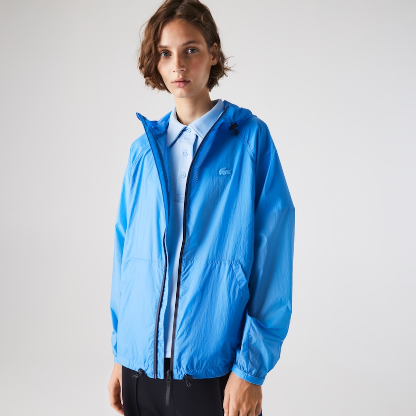 Women's Lacoste Blue / Navy Blue Windbreaker Zippered Lightweight Transparent Hooded TJ5-87988D4