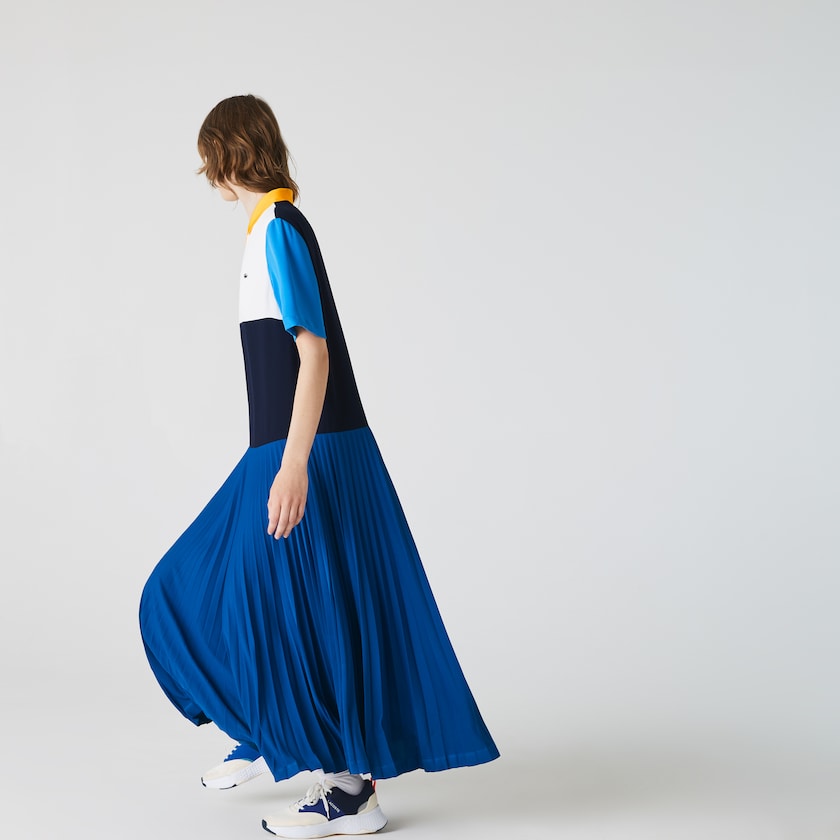 Women's Lacoste Blue / Navy Blue / White / Blue / Yellow Polo Dress Colorblock Flowy Pleated Skirt PG1-00920Y6