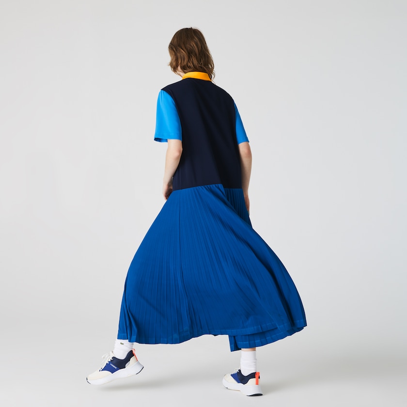 Women's Lacoste Blue / Navy Blue / White / Blue / Yellow Polo Dress Colorblock Flowy Pleated Skirt PG1-00920Y6