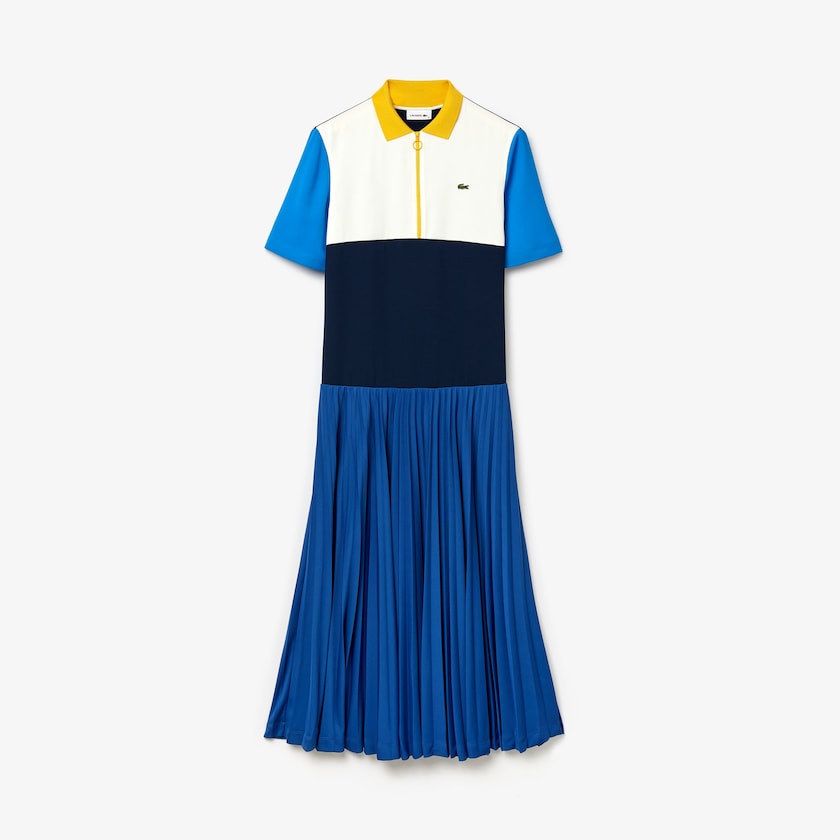 Women's Lacoste Blue / Navy Blue / White / Blue / Yellow Polo Dress Colorblock Flowy Pleated Skirt PG1-00920Y6