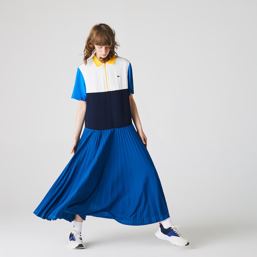 Women's Lacoste Blue / Navy Blue / White / Blue / Yellow Polo Dress Colorblock Flowy Pleated Skirt PG1-00920Y6
