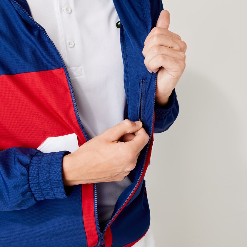 Men's Lacoste Blue / Red / White Jackets SPORT Hooded Water-Resistant Colorblock SV6-17391V2