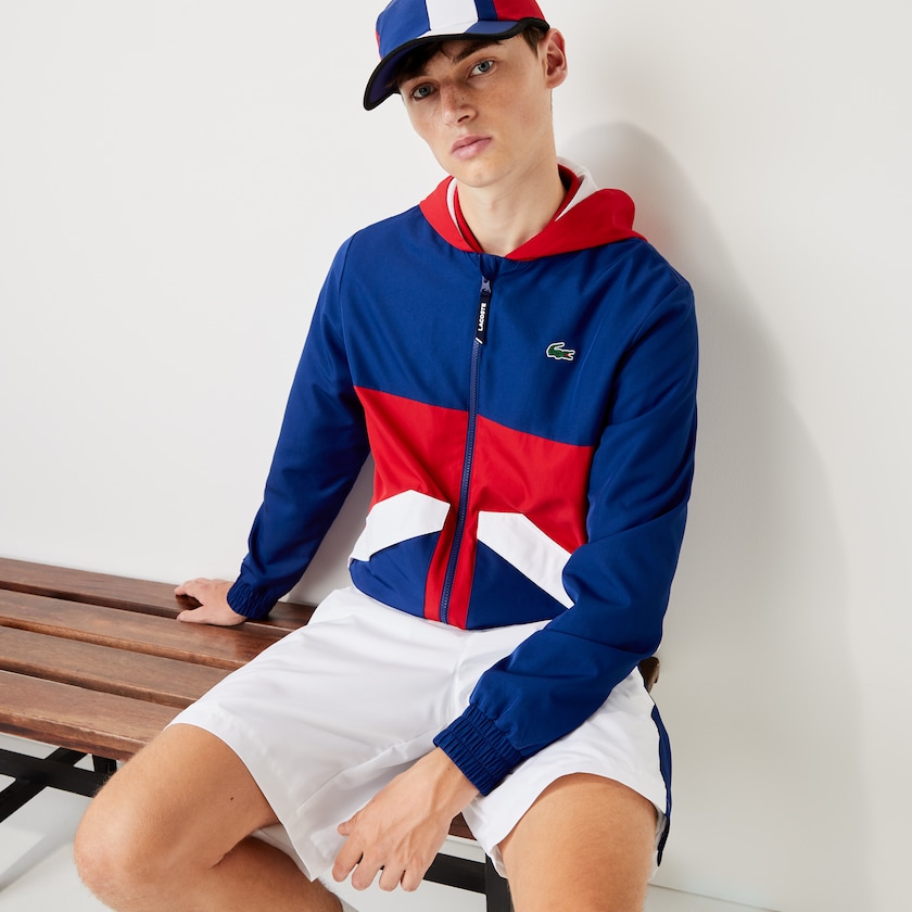 Men's Lacoste Blue / Red / White Jackets SPORT Hooded Water-Resistant Colorblock SV6-17391V2