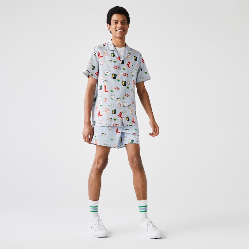 Men's Lacoste Blue / White Shirts Hawaiian Print Cotton SK3-70767J5