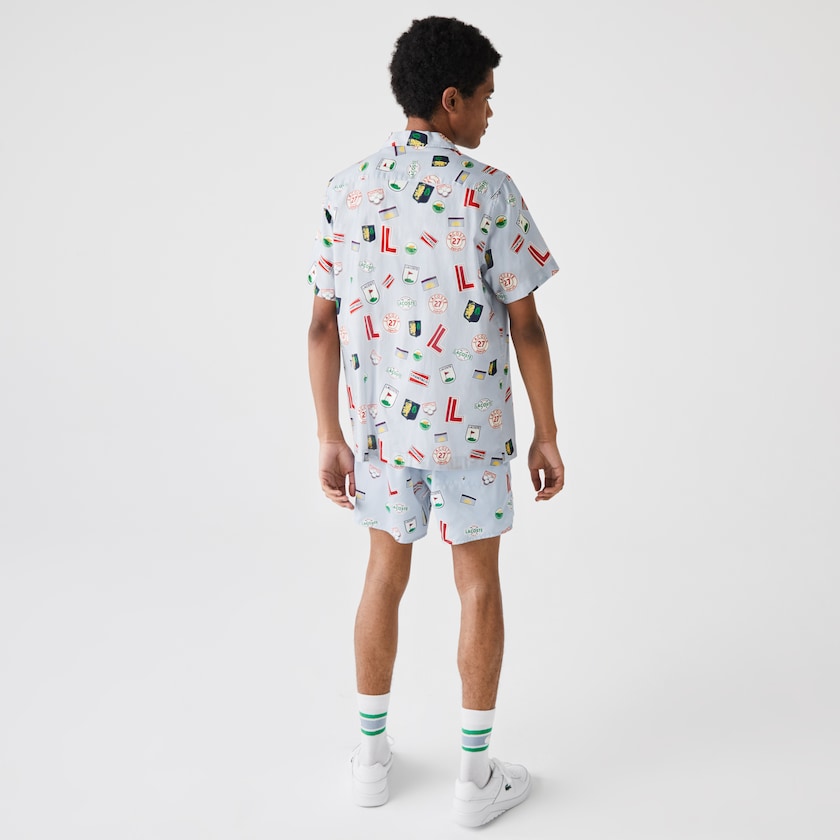 Men's Lacoste Blue / White Shirts Hawaiian Print Cotton SK3-70767J5