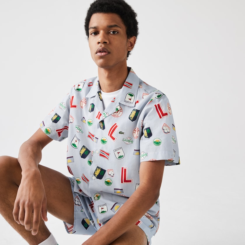 Men's Lacoste Blue / White Shirts Hawaiian Print Cotton SK3-70767J5