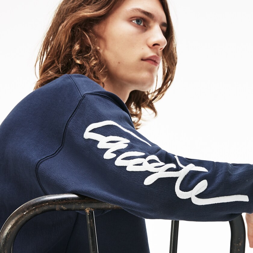 Men's Lacoste Blue / White Sweatshirts LIVE Crew Neck Embroidered Fleece OL1-77757X5