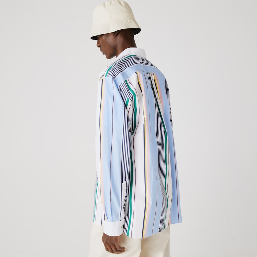 Men's Lacoste Blue / White Shirts LIVE Relaxed Fit Mismatched-Stripe Cotton EJ3-44284F3