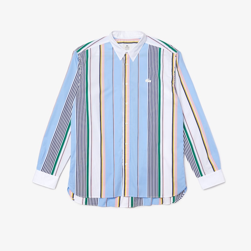 Men's Lacoste Blue / White Shirts LIVE Relaxed Fit Mismatched-Stripe Cotton EJ3-44284F3
