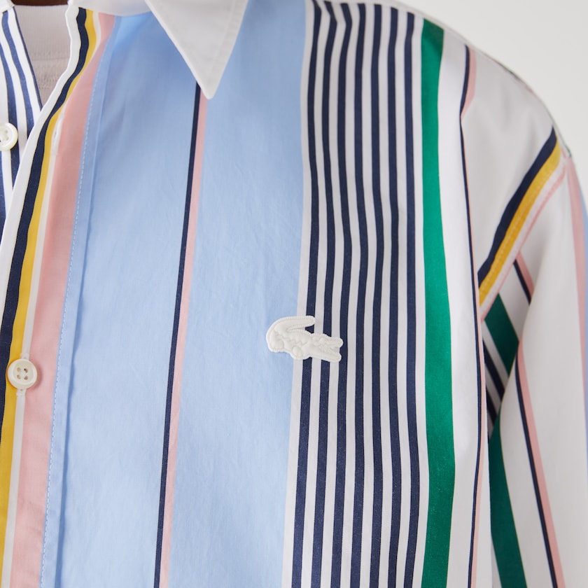 Men's Lacoste Blue / White Shirts LIVE Relaxed Fit Mismatched-Stripe Cotton EJ3-44284F3