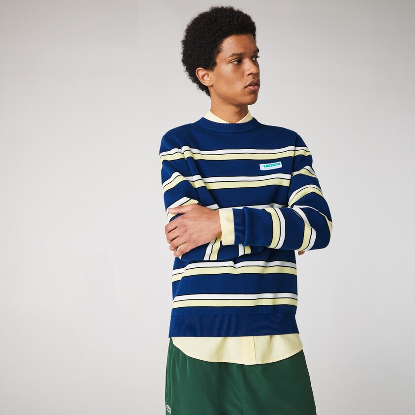 Men's Lacoste Blue / White Sweaters LIVE Striped Cotton Crew Neck SX0-81378C7