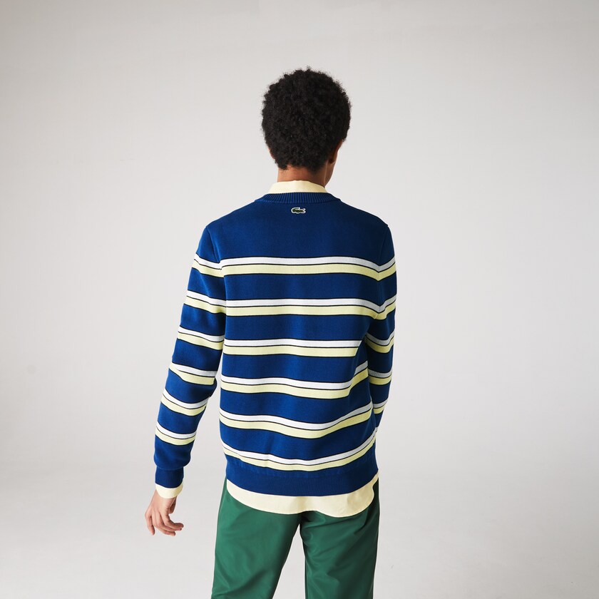 Men's Lacoste Blue / White Sweaters LIVE Striped Cotton Crew Neck SX0-81378C7
