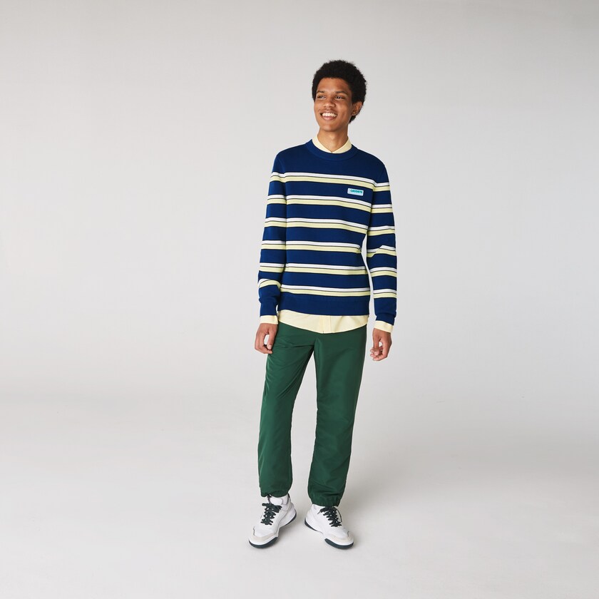 Men's Lacoste Blue / White Sweaters LIVE Striped Cotton Crew Neck SX0-81378C7