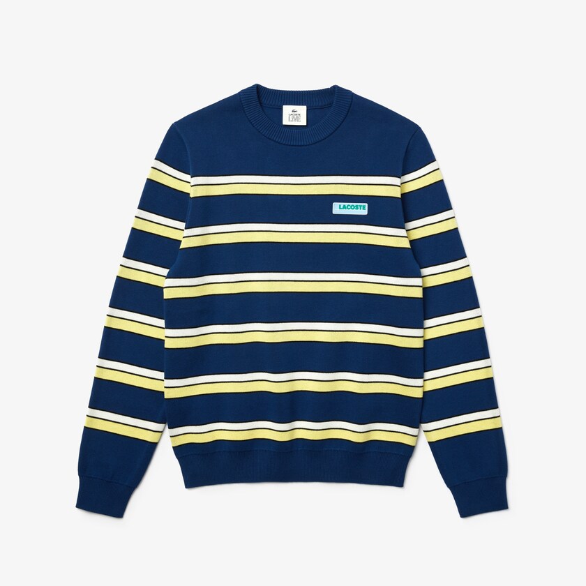 Men's Lacoste Blue / White Sweaters LIVE Striped Cotton Crew Neck SX0-81378C7