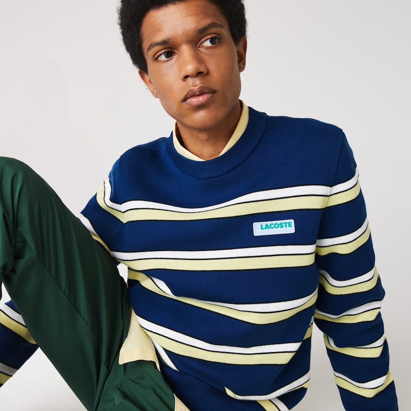 Men's Lacoste Blue / White Sweaters LIVE Striped Cotton Crew Neck SX0-81378C7