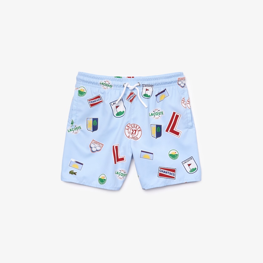 Kids' Lacoste Blue / White Shorts Quick-Drying Badge-Print Swim Trunks YN2-09340M1