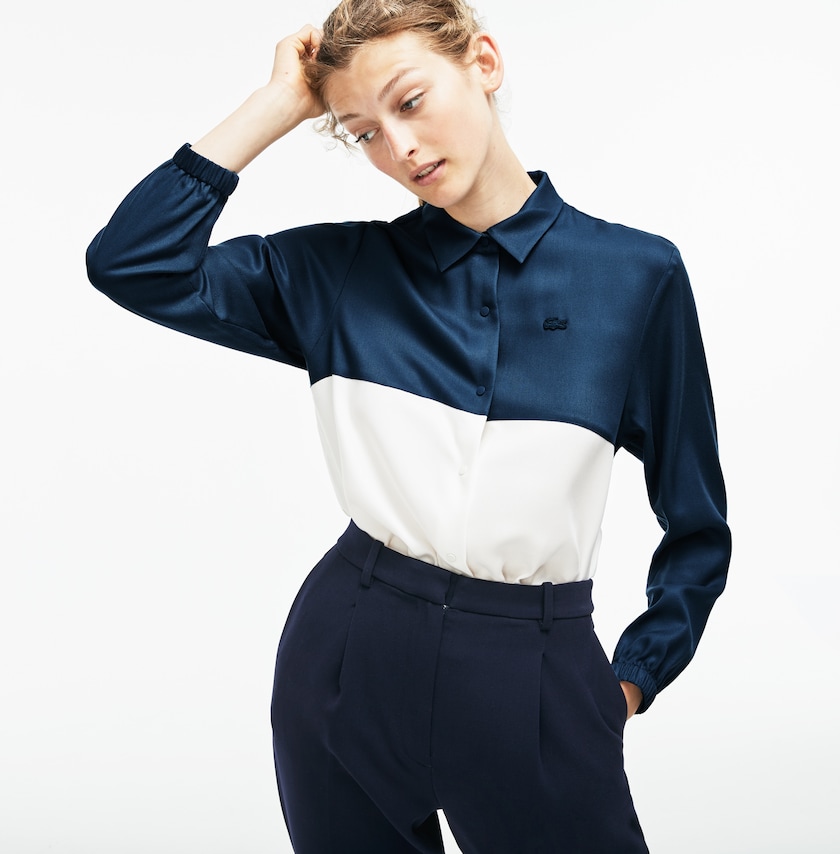 Women's Lacoste Blue / White Shirts Regular Fit Bicolor Flowing Piqué UE7-65016A4