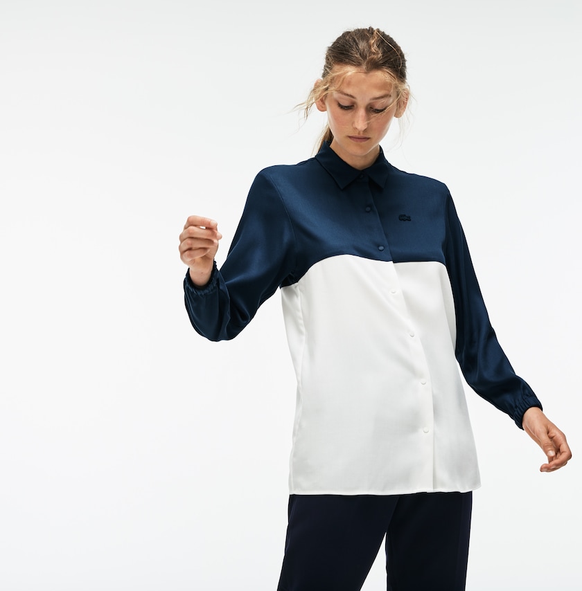 Women's Lacoste Blue / White Shirts Regular Fit Bicolor Flowing Piqué UE7-65016A4