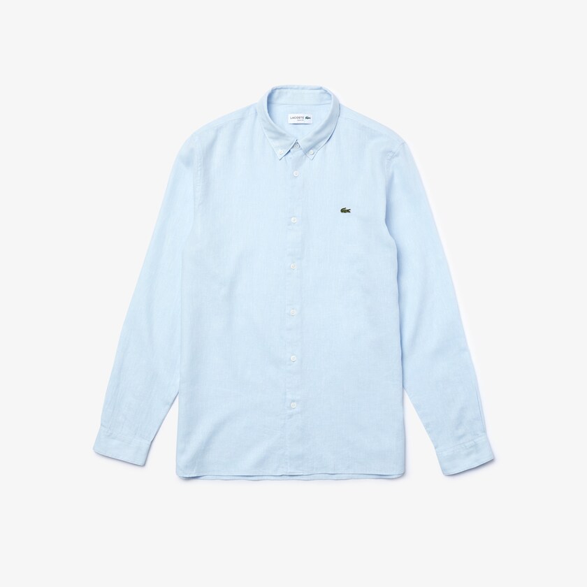 Men's Lacoste Blue / White Shirts Slim Fit Chevron Linen And Cotton QJ7-17721M3