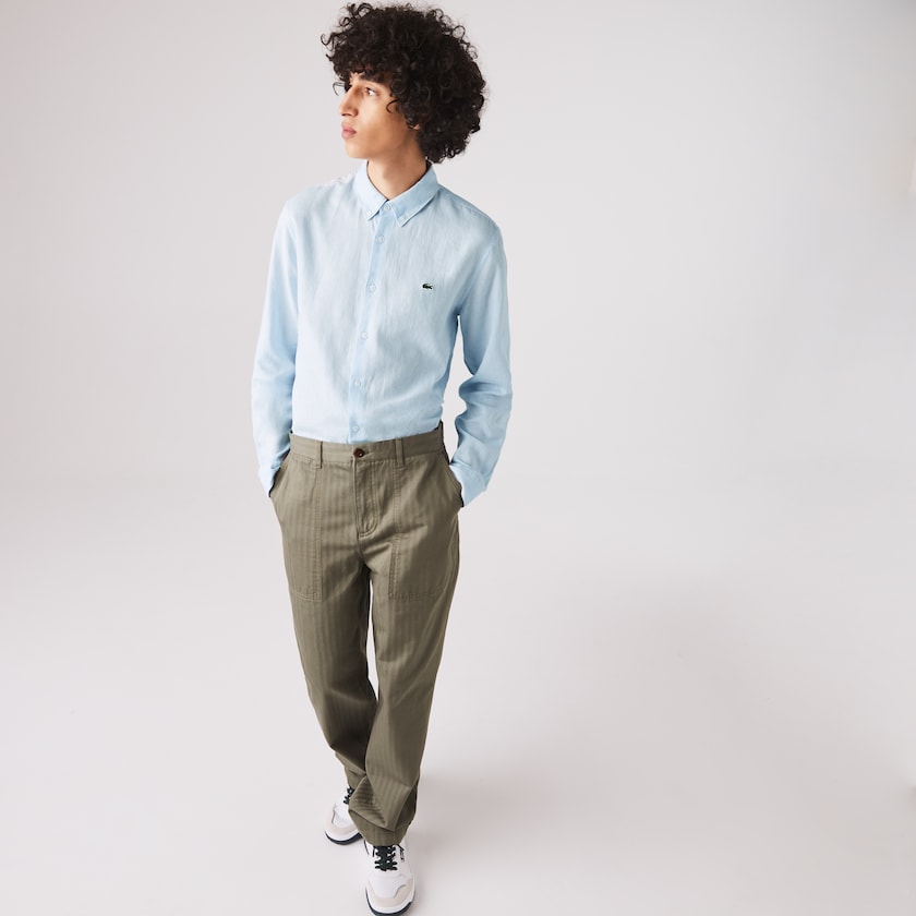 Men's Lacoste Blue / White Shirts Slim Fit Chevron Linen And Cotton QJ7-17721M3