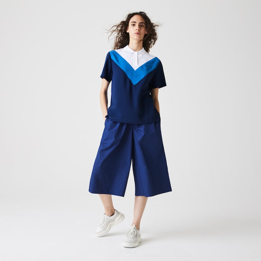 Women's Lacoste Blue / White Polo Shirts Straight fit Colourblock Flowy And Lightweight OI4-02530O6