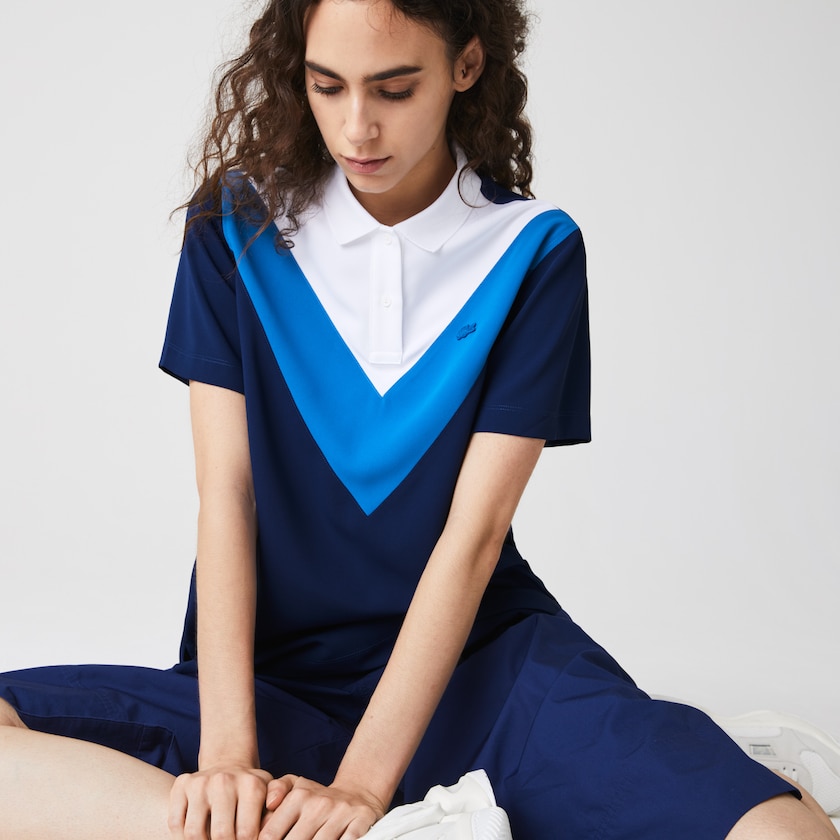 Women's Lacoste Blue / White Polo Shirts Straight fit Colourblock Flowy And Lightweight OI4-02530O6