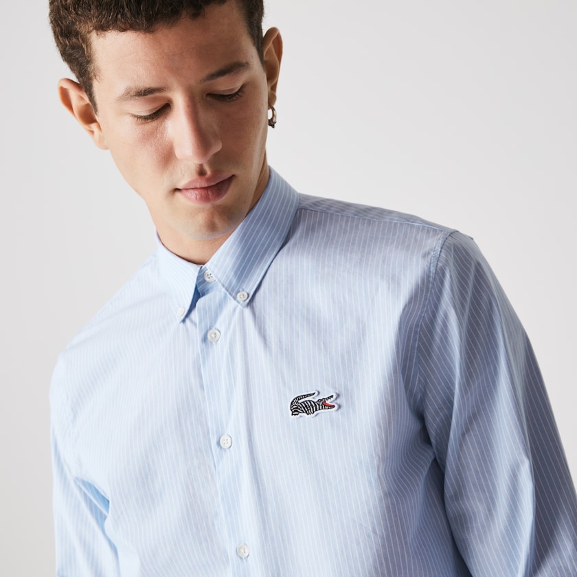 Men's Lacoste Blue / White Shirts x National Geographic Regular Fit Striped Cotton YT6-13931B0