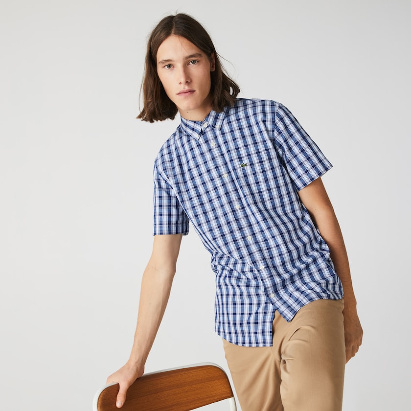 Men's Lacoste Blue / White / Blue Shirts Slim Fit Checked Poplin WF5-29332Q3
