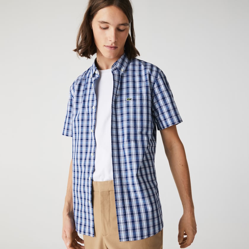 Men's Lacoste Blue / White / Blue Shirts Slim Fit Checked Poplin WF5-29332Q3