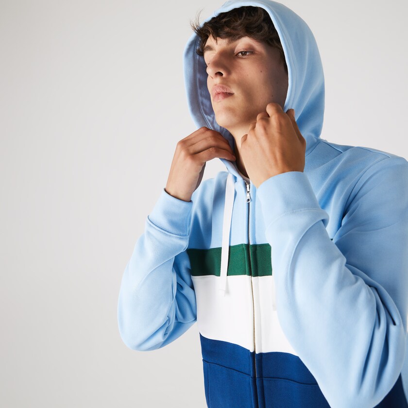 Men's Lacoste Blue / White / Green / Blue Sweatshirts Colorblock Fleece Zippered Hooded VH5-01150T3