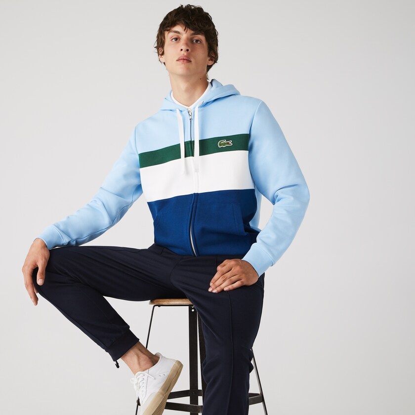 Men's Lacoste Blue / White / Green / Blue Sweatshirts Colorblock Fleece Zippered Hooded VH5-01150T3