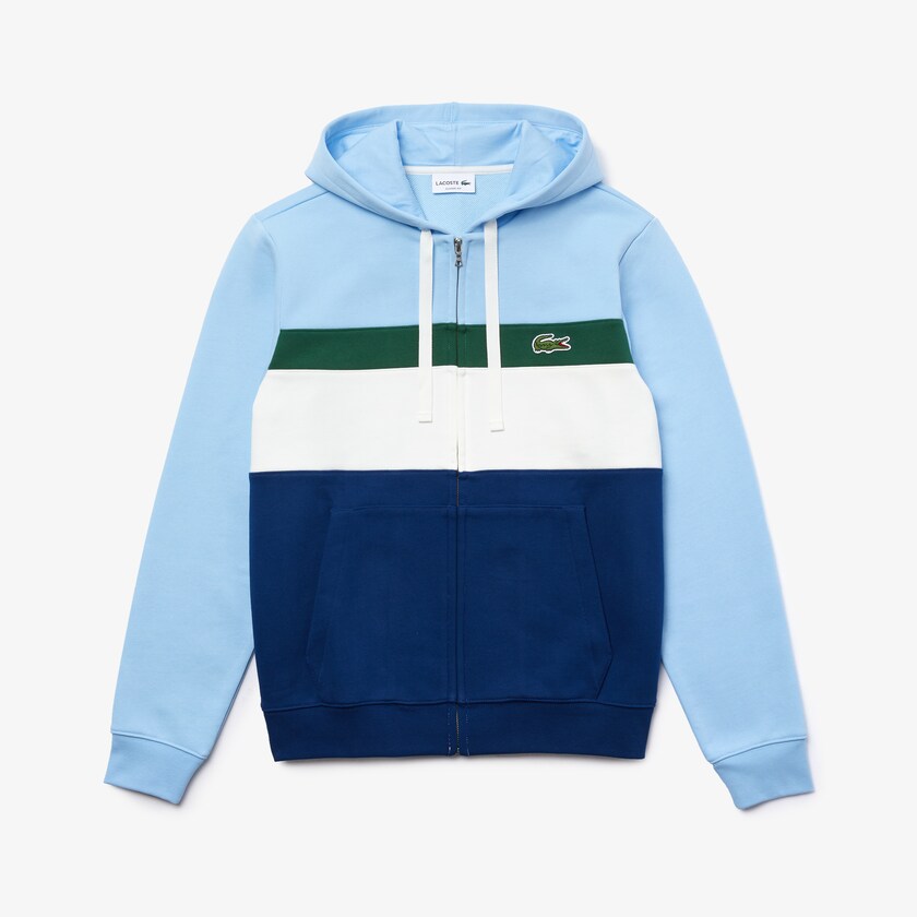 Men's Lacoste Blue / White / Green / Blue Sweatshirts Colorblock Fleece Zippered Hooded VH5-01150T3
