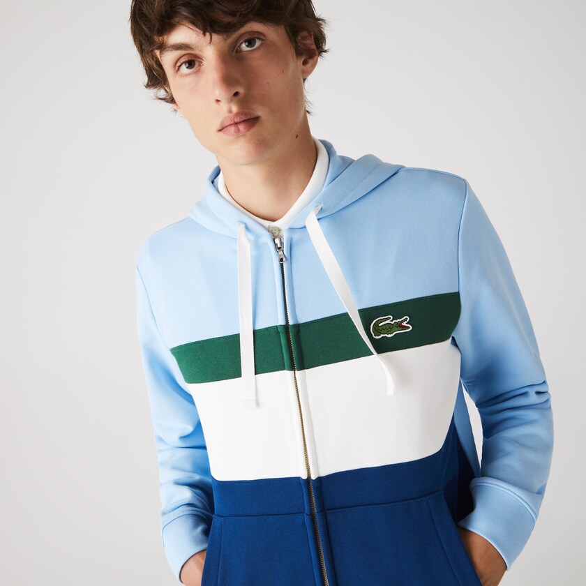 Men's Lacoste Blue / White / Green / Blue Sweatshirts Colorblock Fleece Zippered Hooded VH5-01150T3