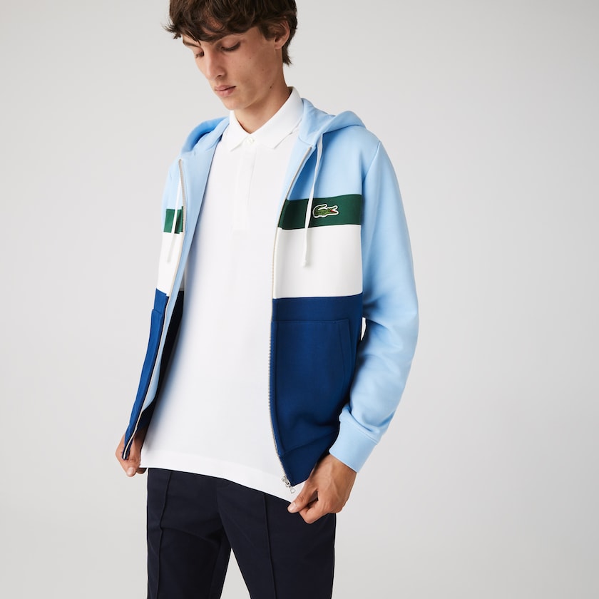 Men's Lacoste Blue / White / Green / Blue Sweatshirts Colorblock Fleece Zippered Hooded VH5-01150T3